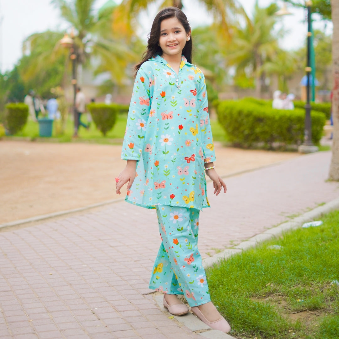 Figo - Graceful Green Butterfly Floral Print Co-Ord Set