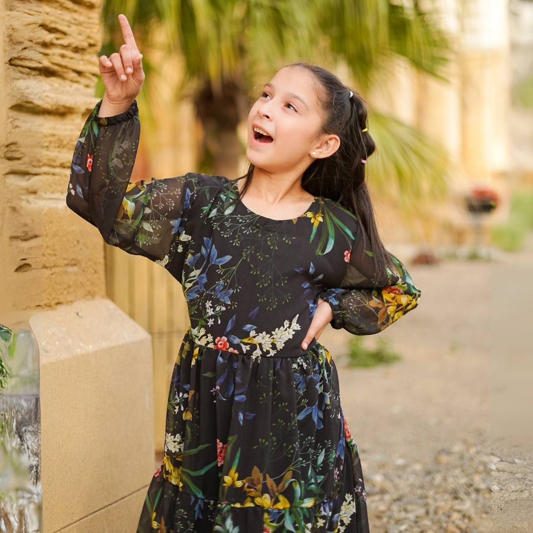 Figo - Black Yellow Floral Three Layered Single Frill Maxi/Long Frock