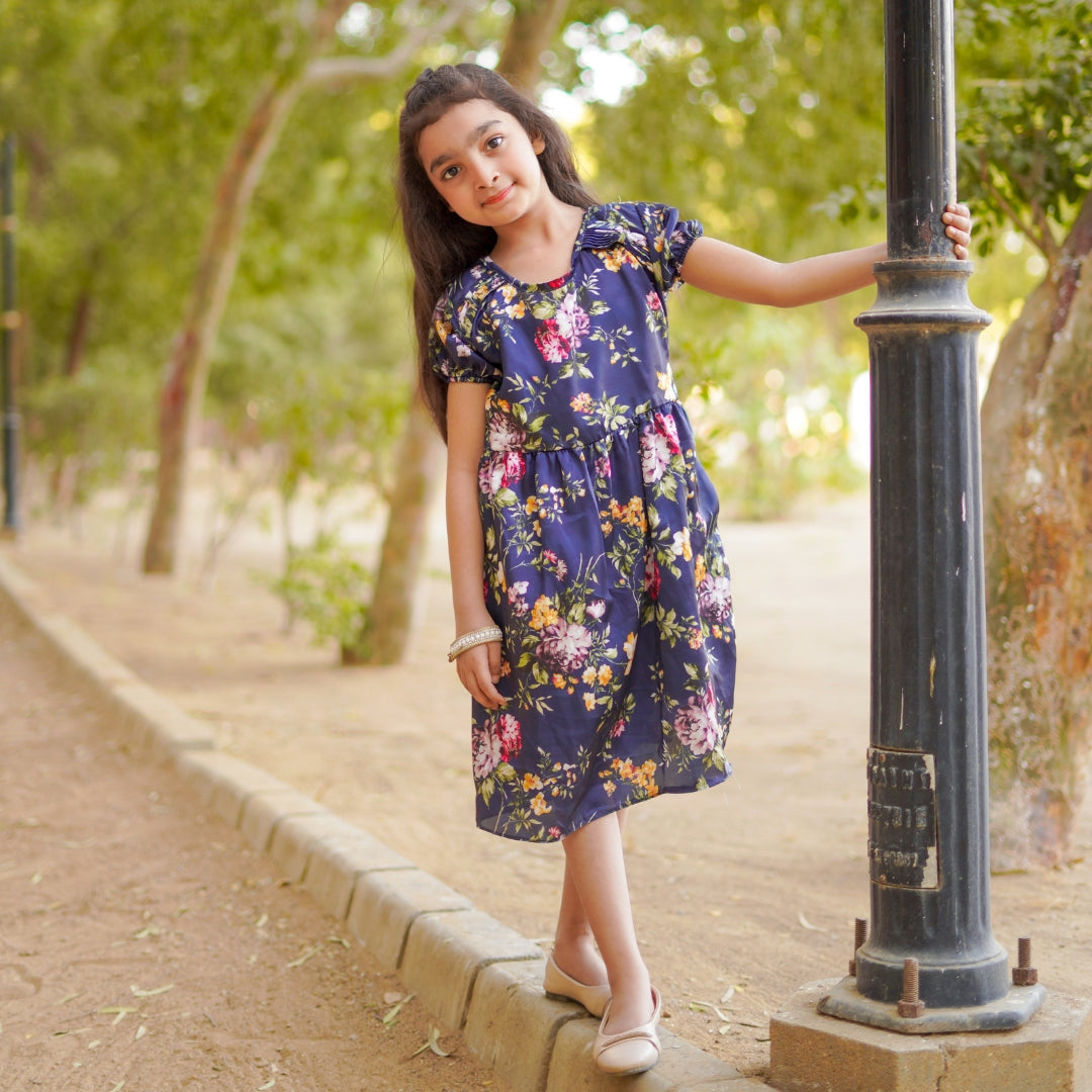 Figo - Exquisite Navy Floral Frock (Silk Fabric)