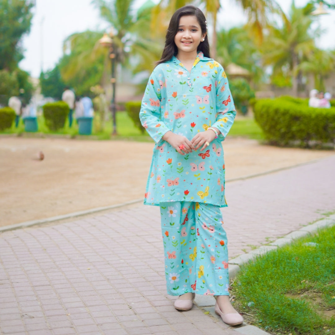 Figo - Graceful Green Butterfly Floral Print Co-Ord Set