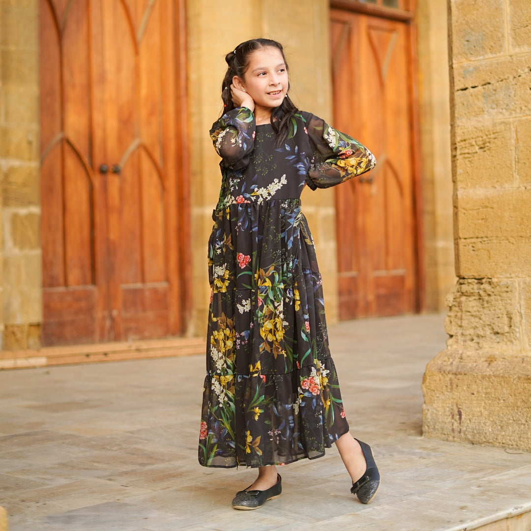 Figo - Black Yellow Floral Three Layered Single Frill Maxi/Long Frock