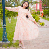 Figo - Light Peach Elegant Floral Three Layered Single Frill Maxi/Long Frock