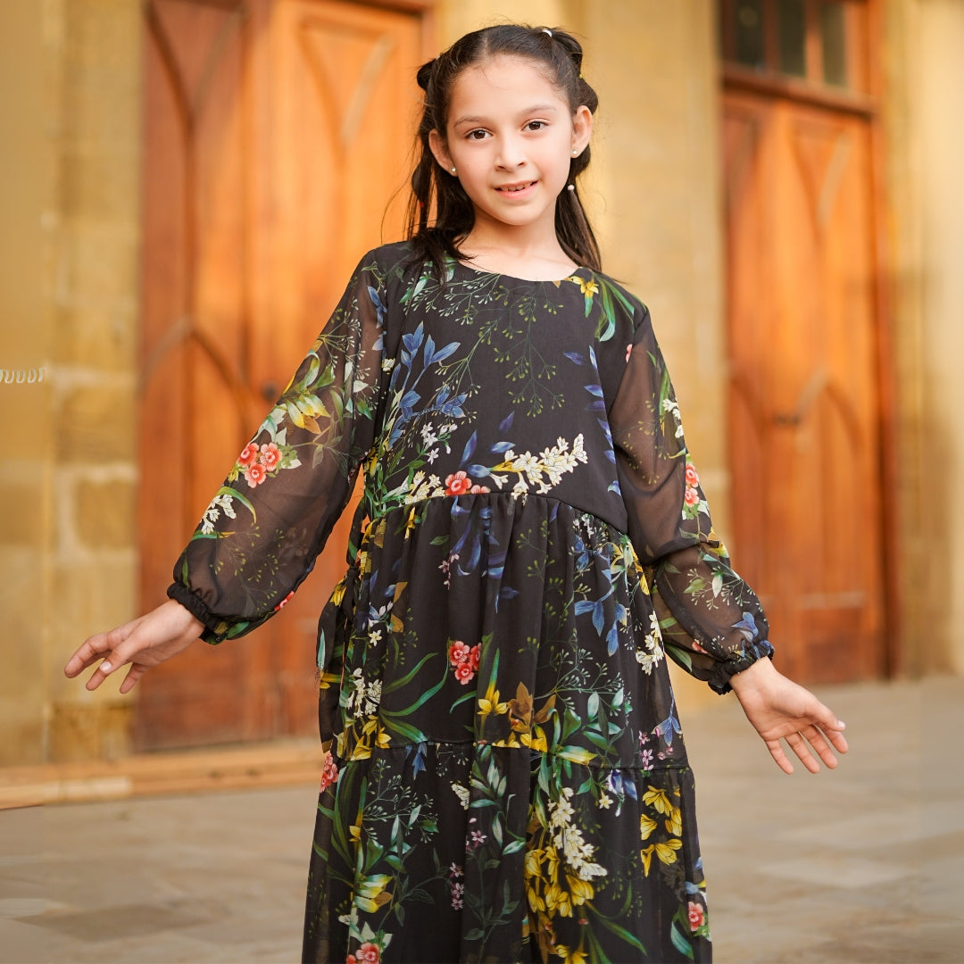 Figo - Black Yellow Floral Three Layered Single Frill Maxi/Long Frock