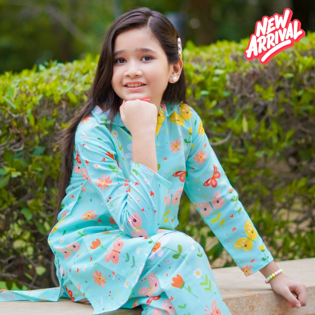 Figo - Graceful Green Butterfly Floral Print Co-Ord Set
