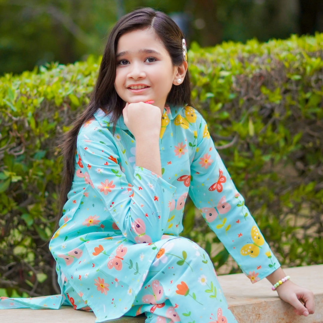 Figo - Graceful Green Butterfly Floral Print Co-Ord Set