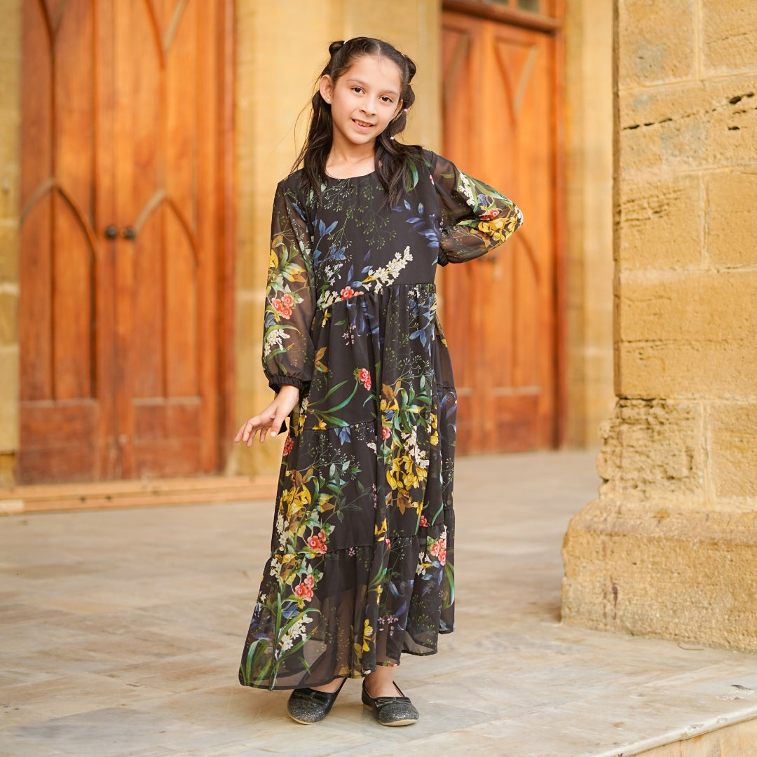 Figo - Black Yellow Floral Three Layered Single Frill Maxi/Long Frock