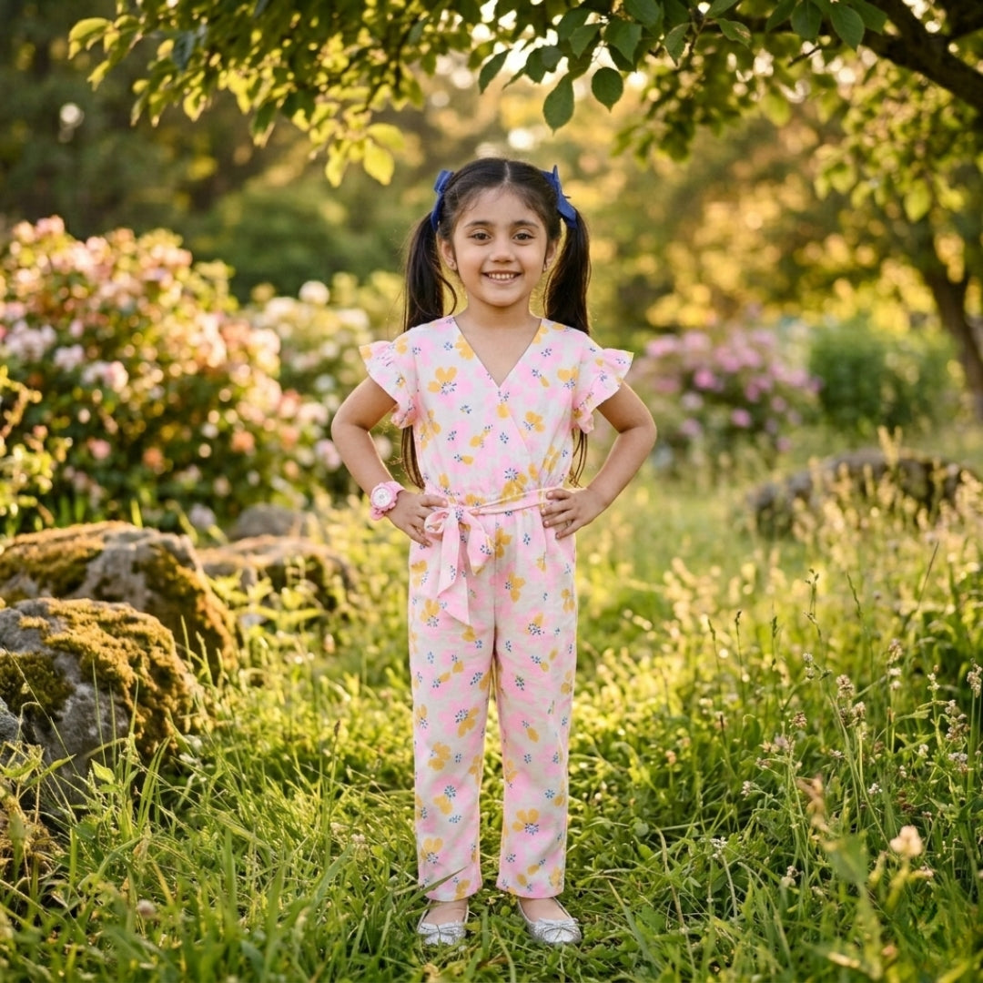 Figo - White Pink Floral V-Neck Jumpsuit
