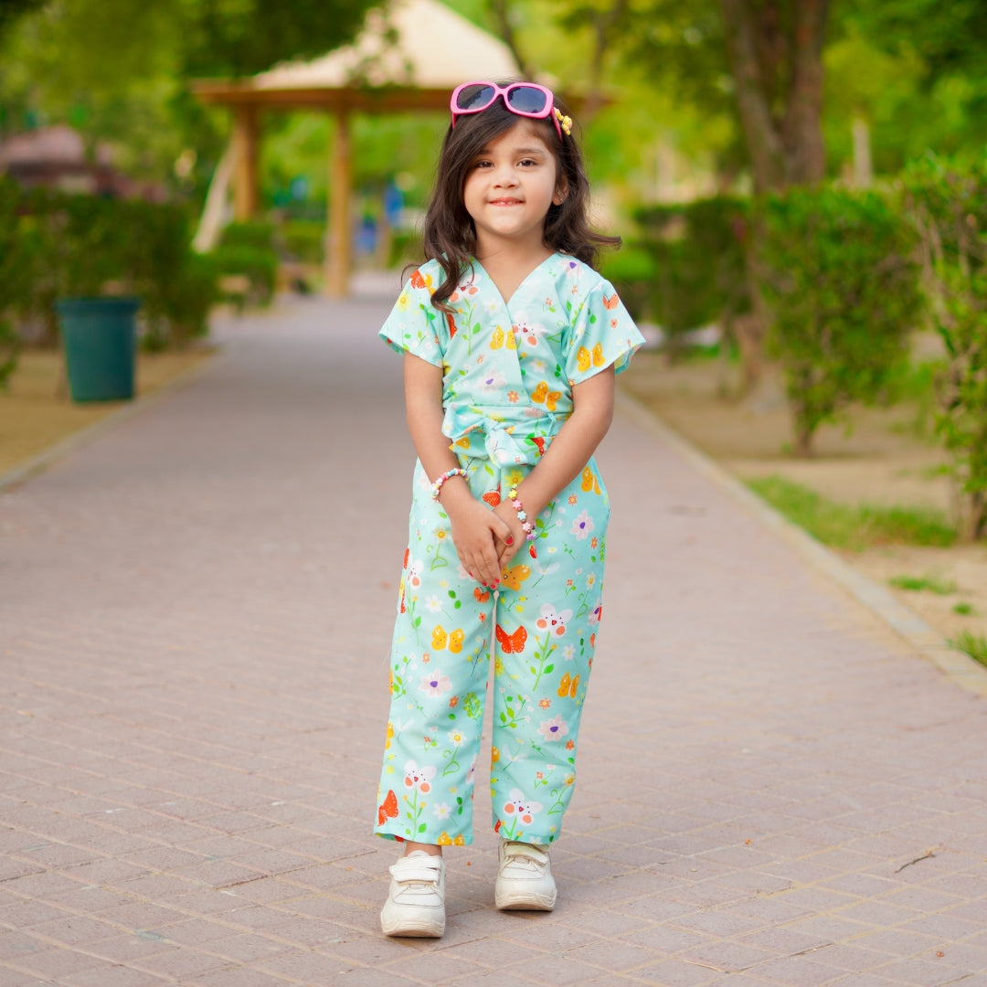 Figo - Elegant Green Butterfly Printed V-Neck Jumpsuit (Swiss Fabric)