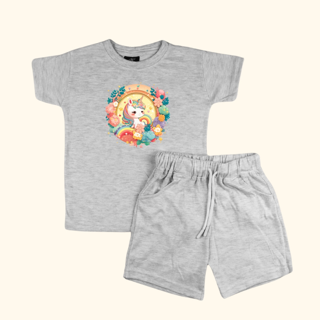 Figo -  Heather Grey Unicorn T-Shirt/Short Set