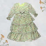 Figo - Pistachio Green Floral Frill Maxi/Long Frock