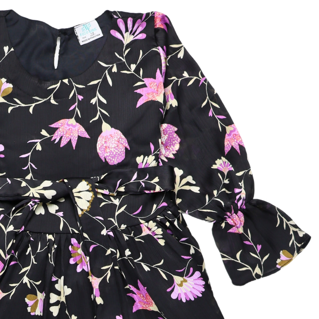 Figo - Black Silk Chiffon Floral Three Layered Single Frill Maxi/Long Frock