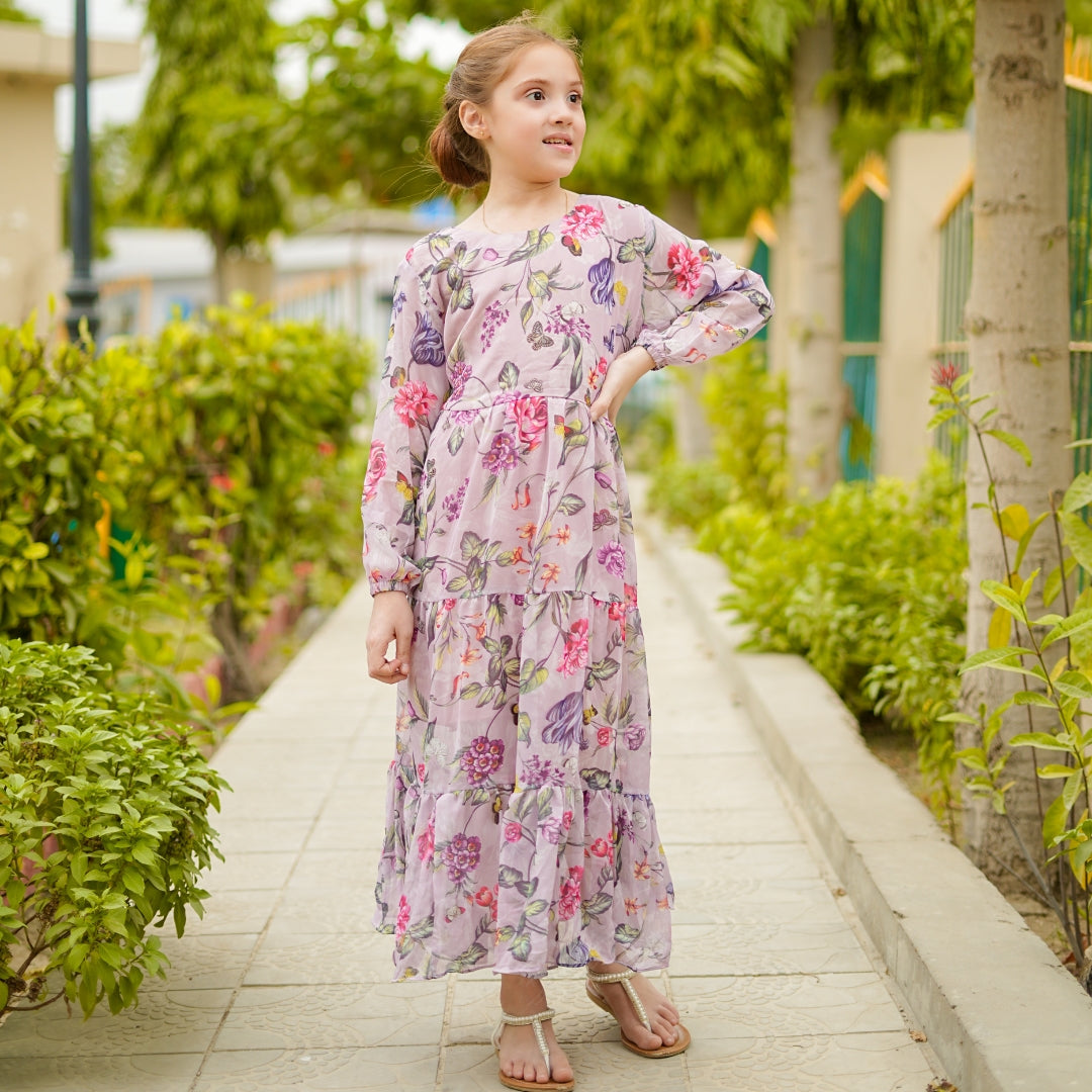 Figo - Lilac Floral Three Layered Single Frill Maxi/Long Frock