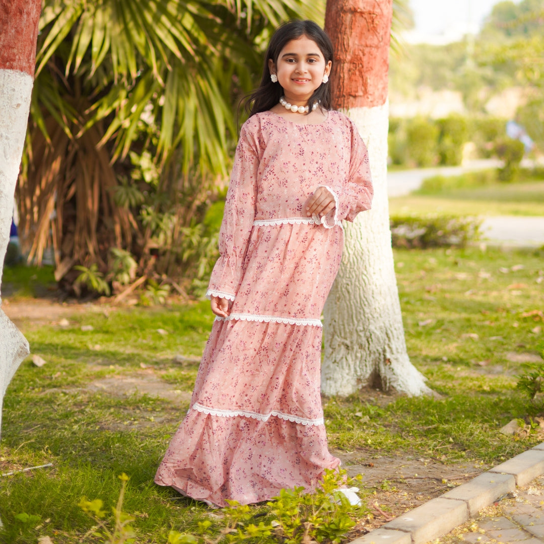 Figo - Dusty Rose Laced Frill Maxi/Long Frock