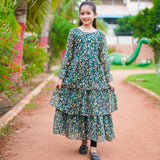 Figo - Dark Green Extravagant Floral Frill Maxi/Long Frock