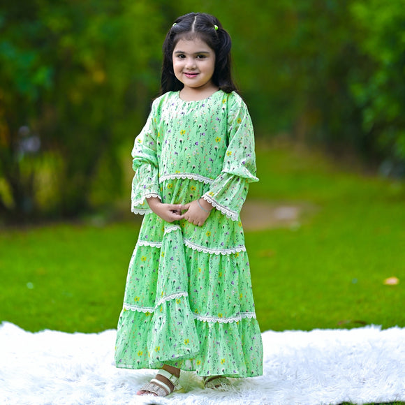 Figo - Green Floral Laced Frill Maxi/Long Frock