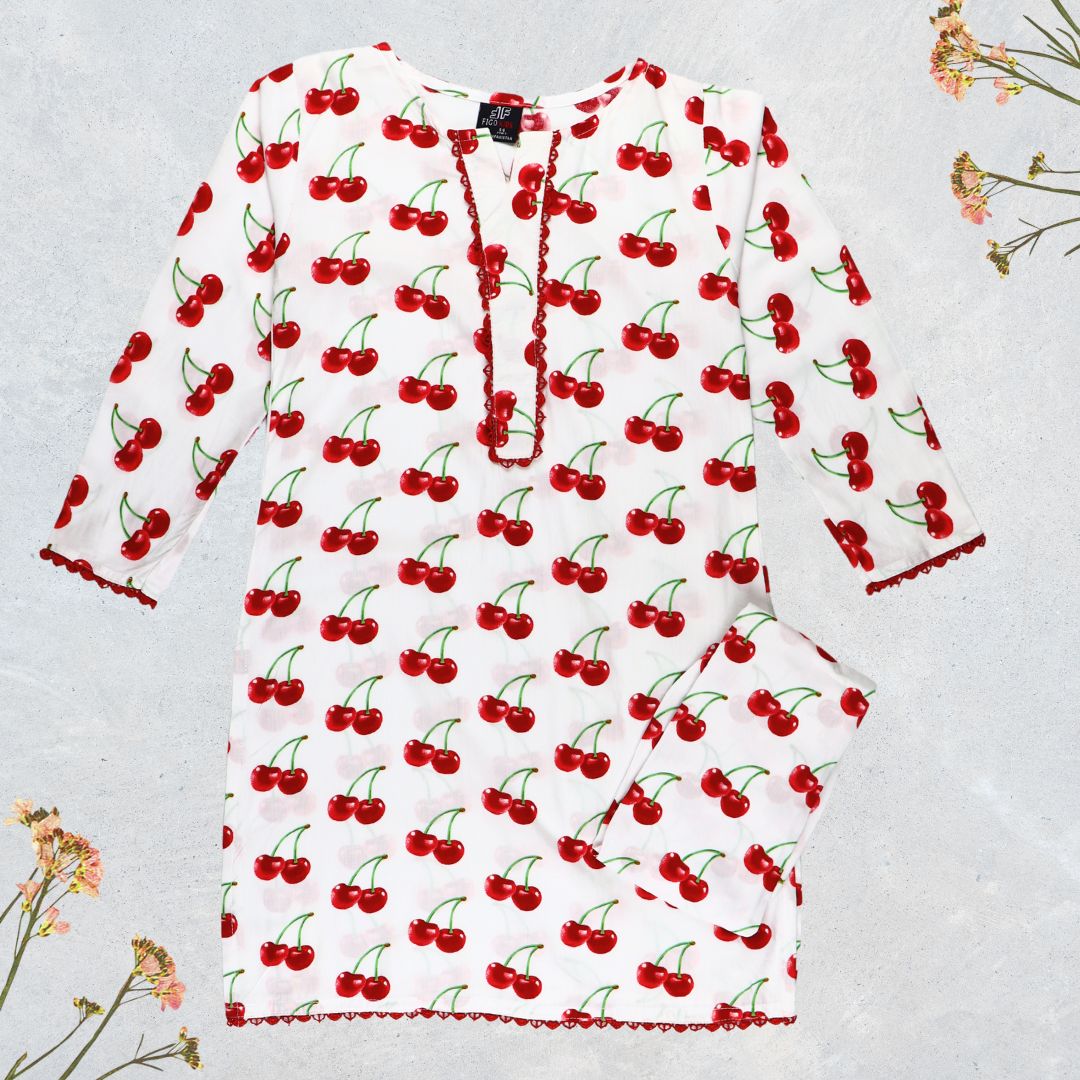 Figo - White Cherry Print Co-Ord Set (Viscose)