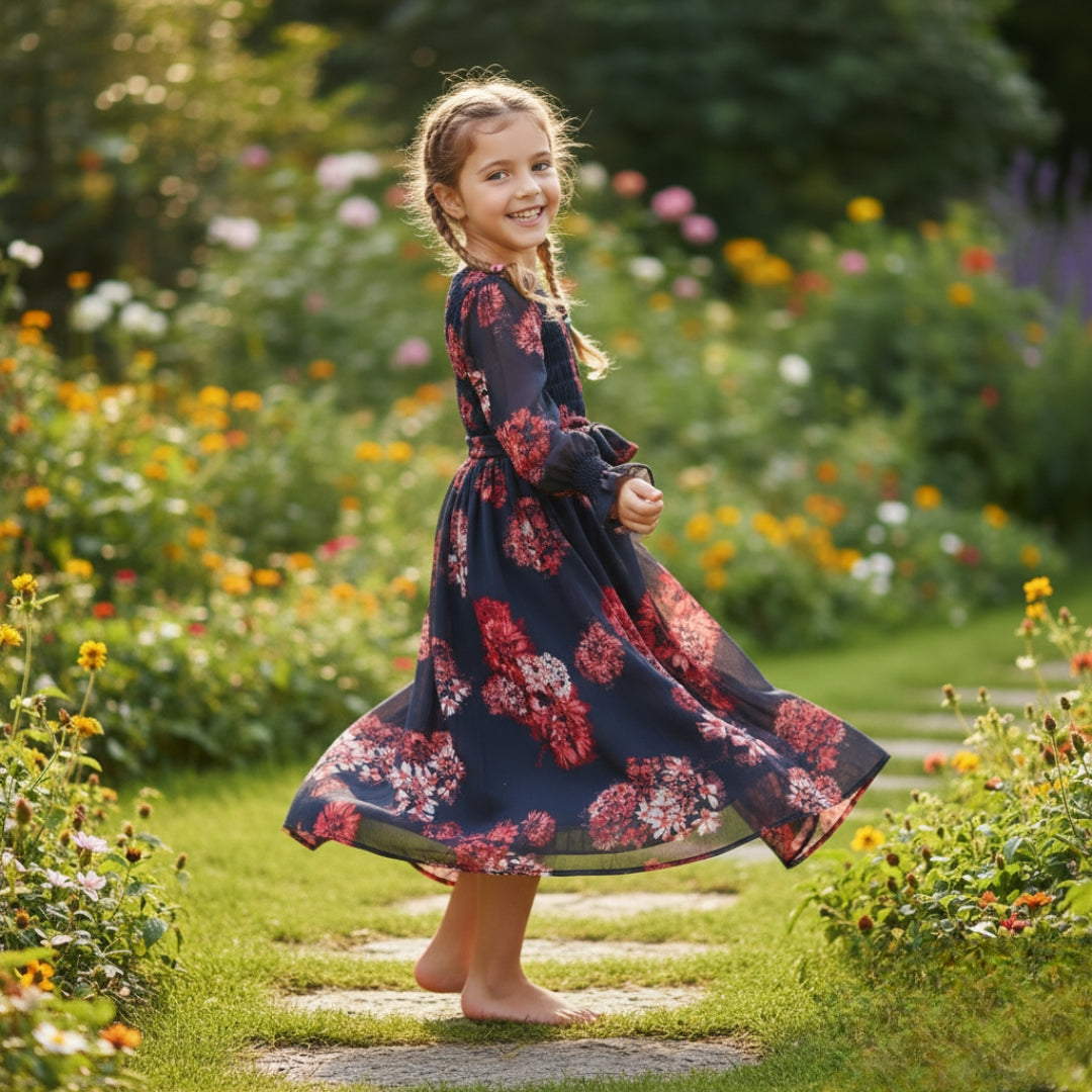 Figo - Dark Navy Red Floral Smokey Maxi