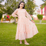 Figo - Light Peach Elegant Floral Three Layered Single Frill Maxi/Long Frock