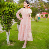 Figo - Light Peach Elegant Floral Three Layered Single Frill Maxi/Long Frock