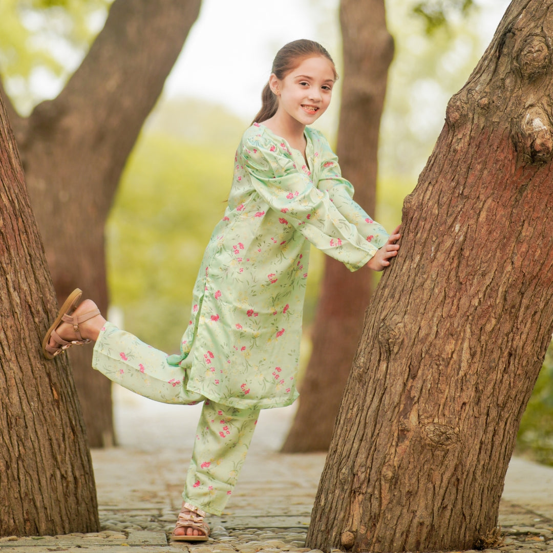 Figo - Green Floral Silk Co-Ord Set (Silk Fabric)