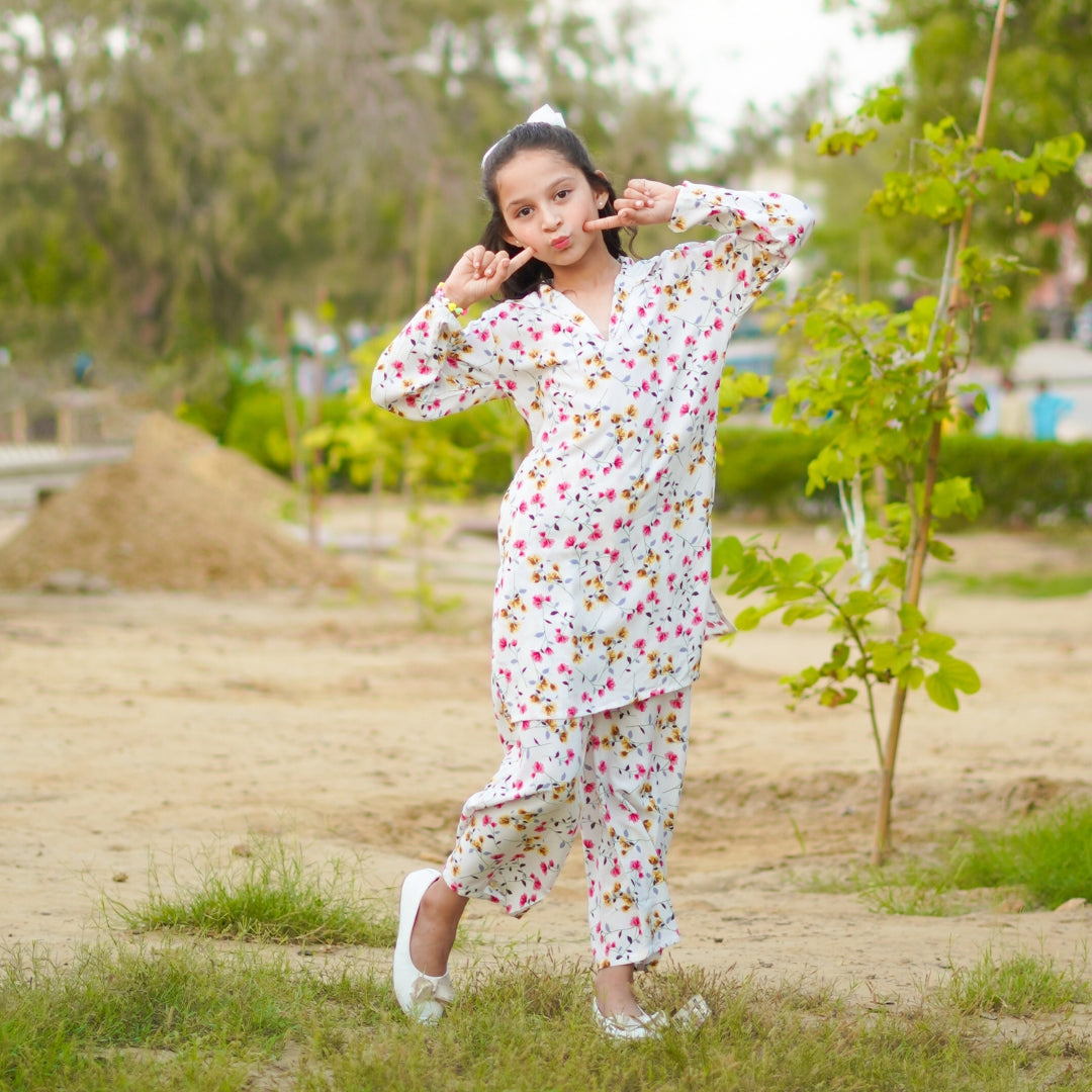 Figo - White Floral Print Co-Ord Set (Viscose)