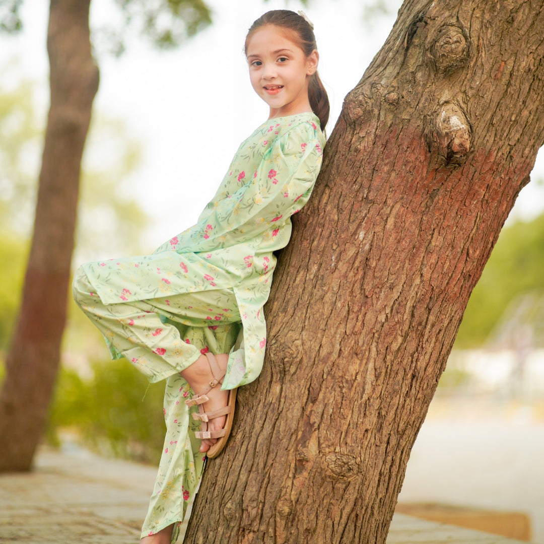 Figo - Green Floral Silk Co-Ord Set (Silk Fabric)