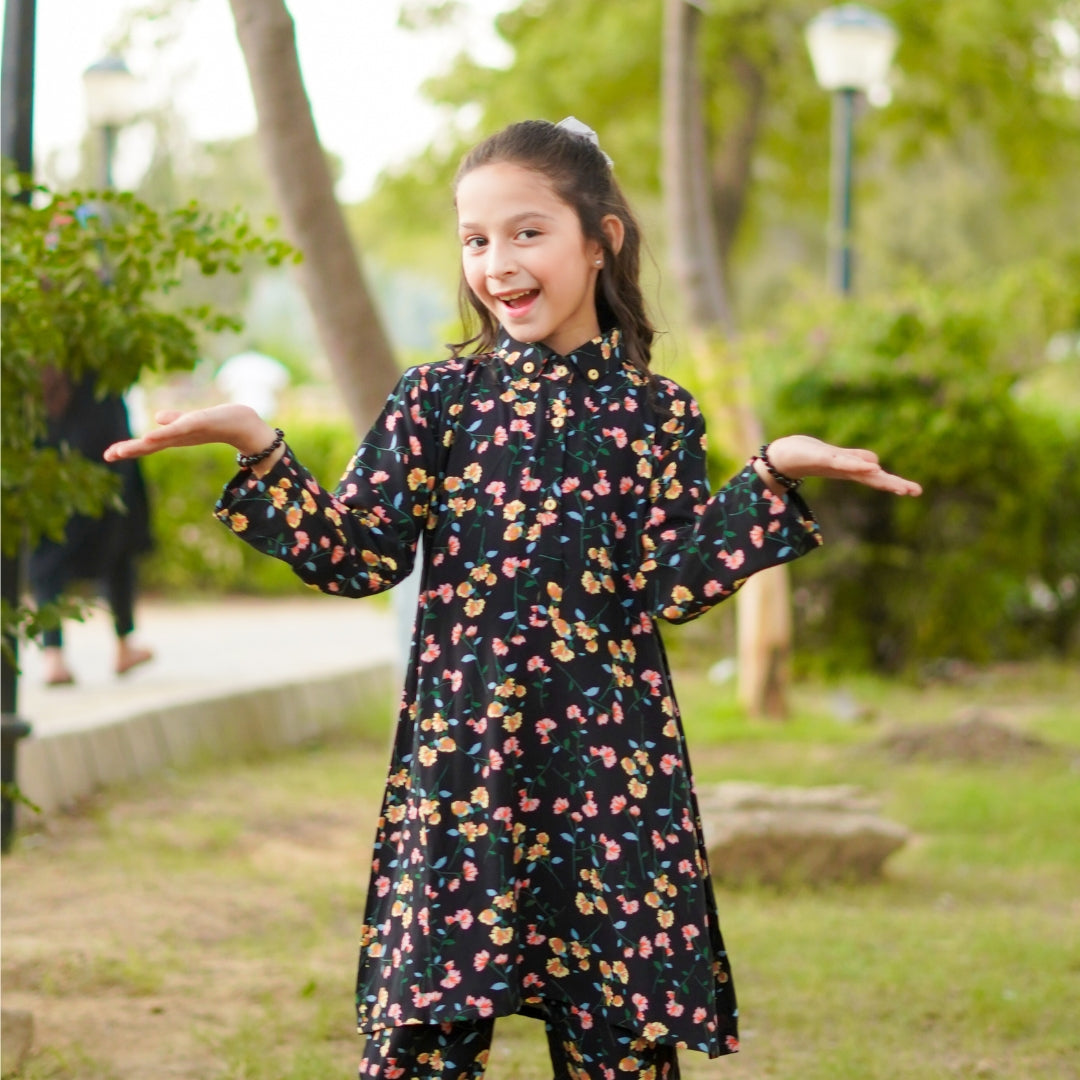 Figo - Black Floral Print Collar Co-Ord Set (Viscose)