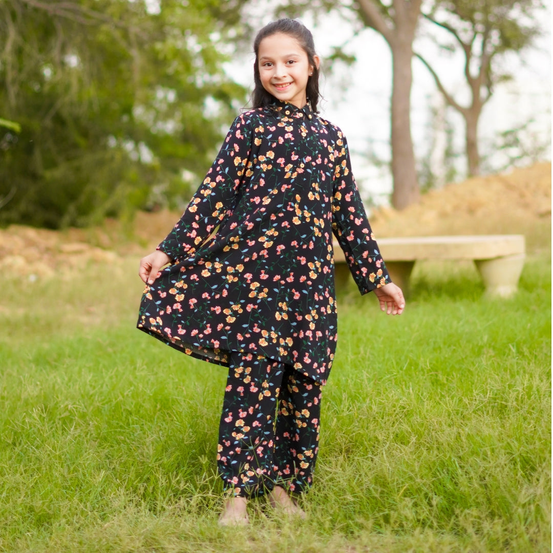 Figo - Black Floral Print Collar Co-Ord Set (Viscose)
