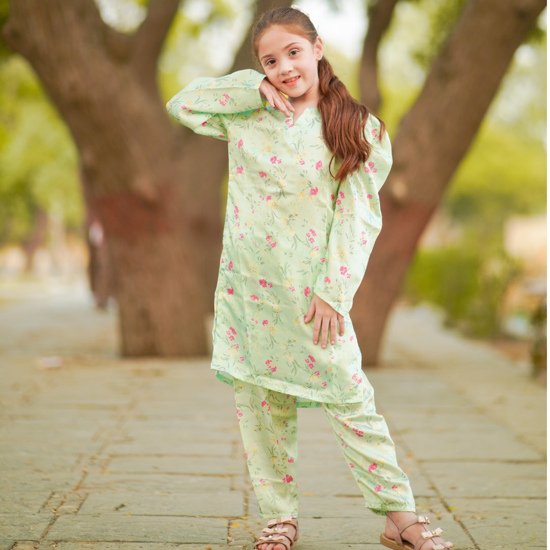 Figo - Green Floral Silk Co-Ord Set (Silk Fabric)