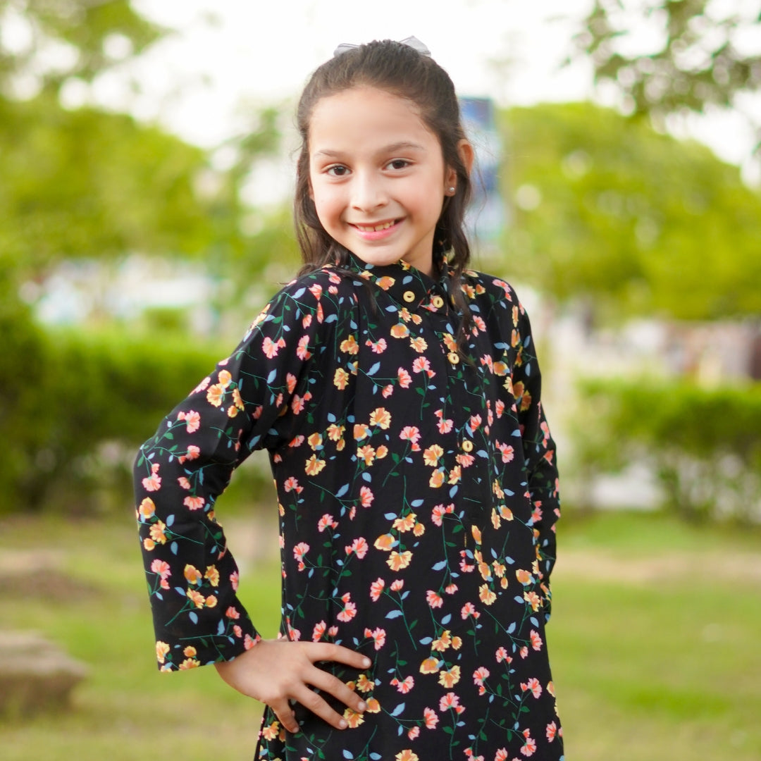 Figo - Black Floral Print Collar Co-Ord Set (Viscose)