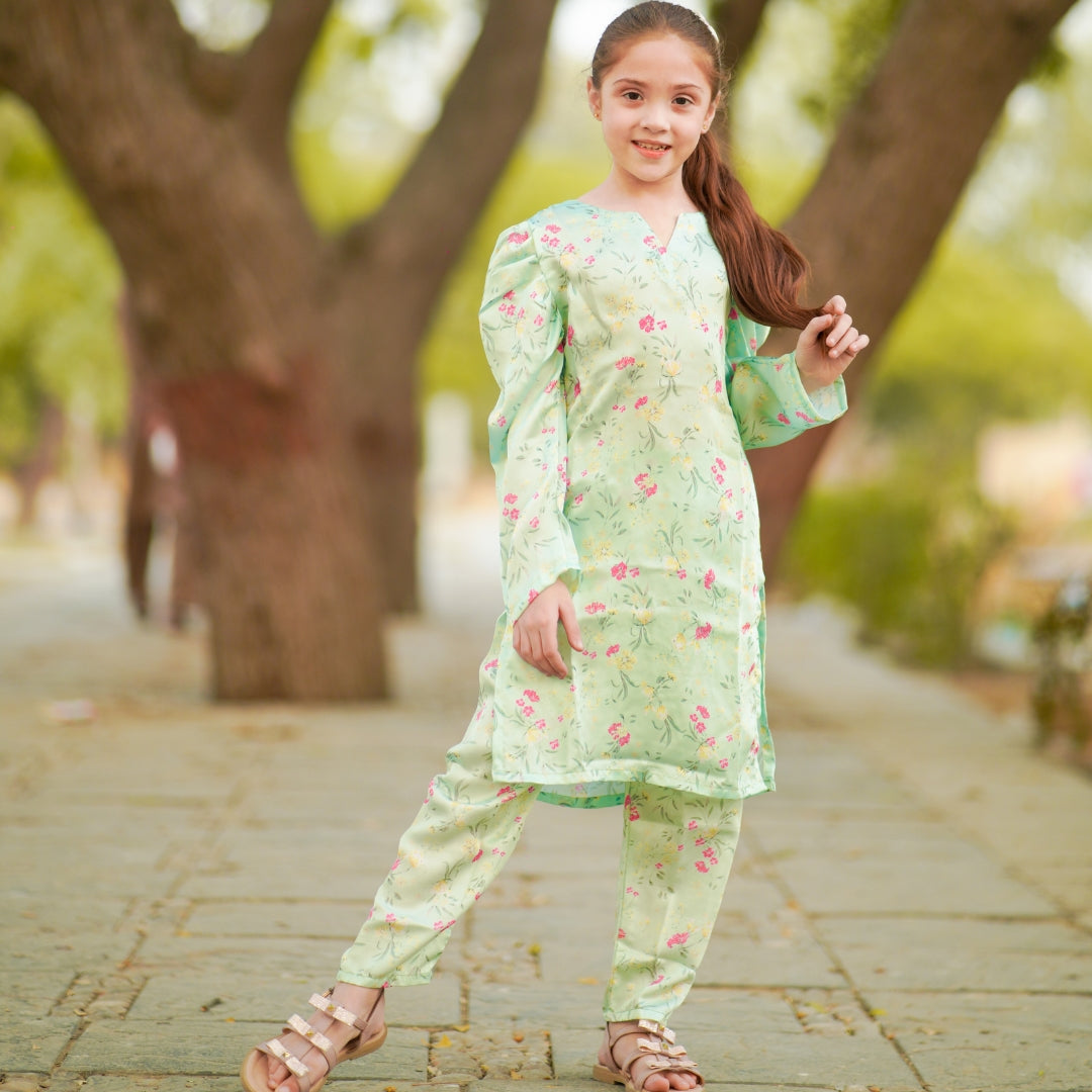 Figo - Green Floral Silk Co-Ord Set (Silk Fabric)