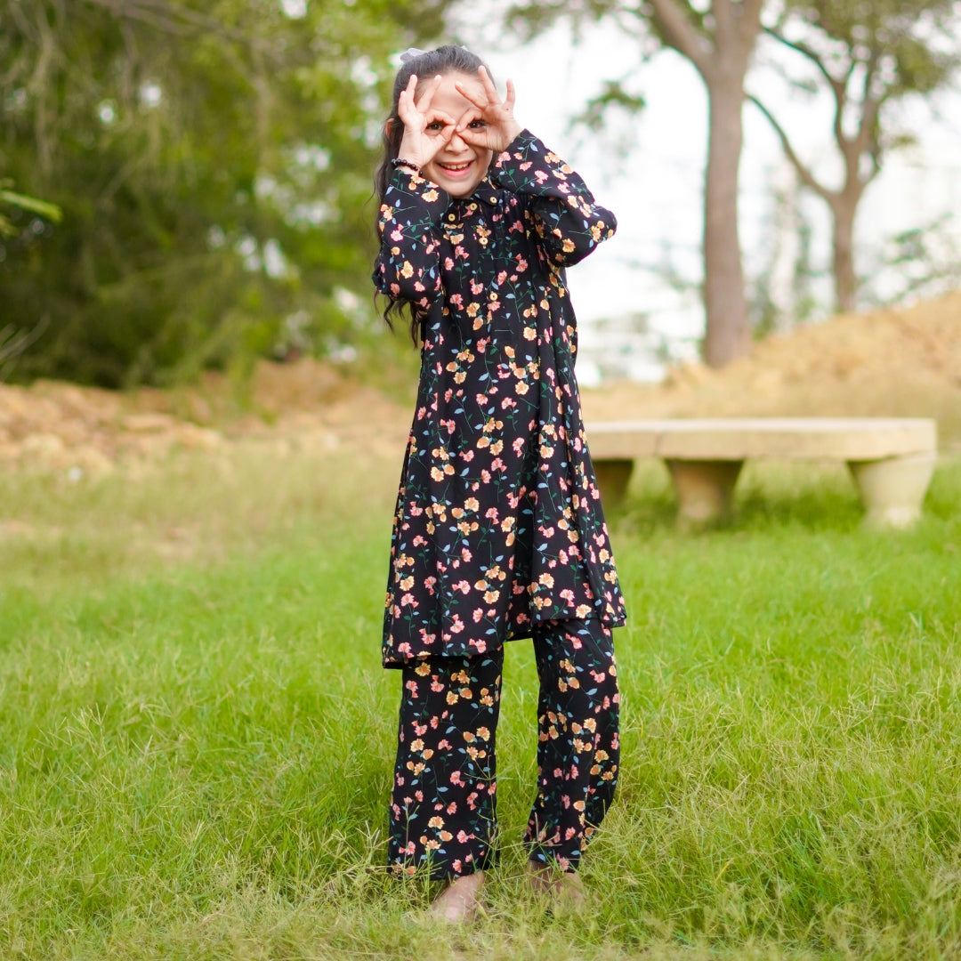 Figo - Black Floral Print Collar Co-Ord Set (Viscose)