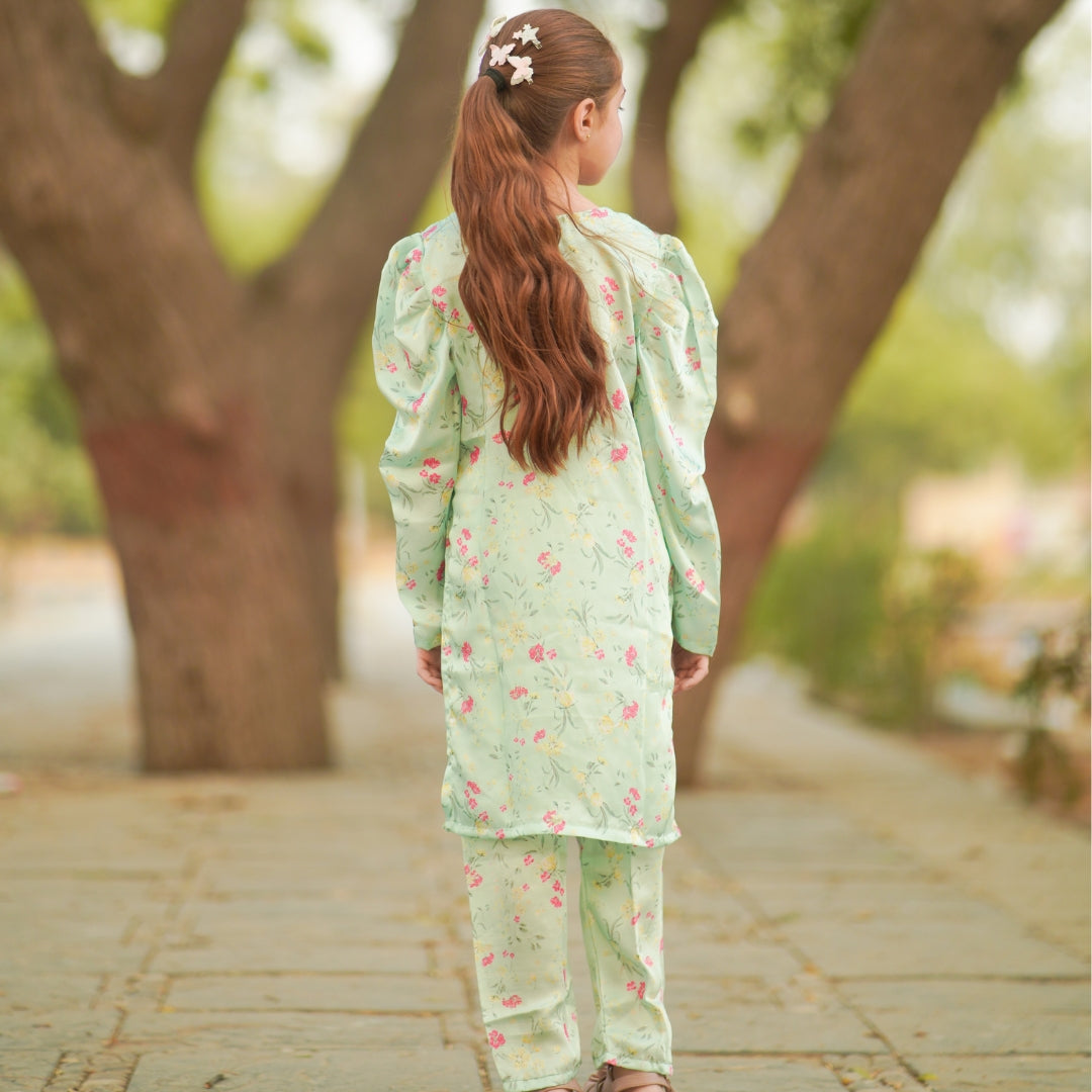 Figo - Green Floral Silk Co-Ord Set (Silk Fabric)