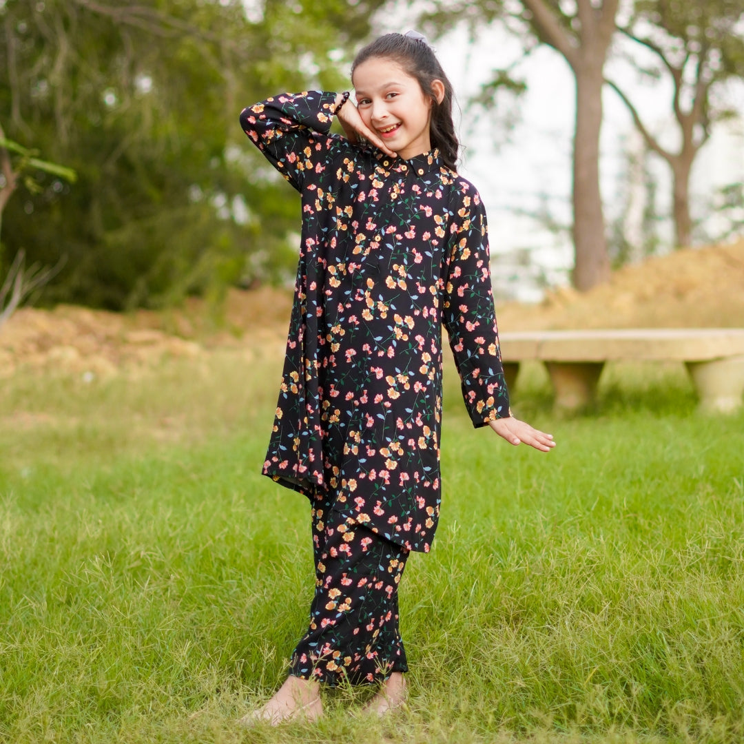 Figo - Black Floral Print Collar Co-Ord Set (Viscose)