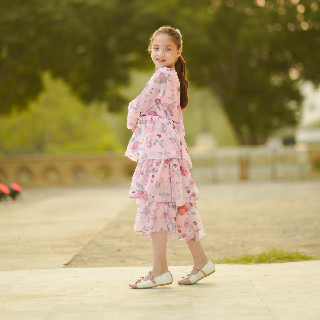 Figo - Tea Pink Floral Frill Maxi/Long Frock