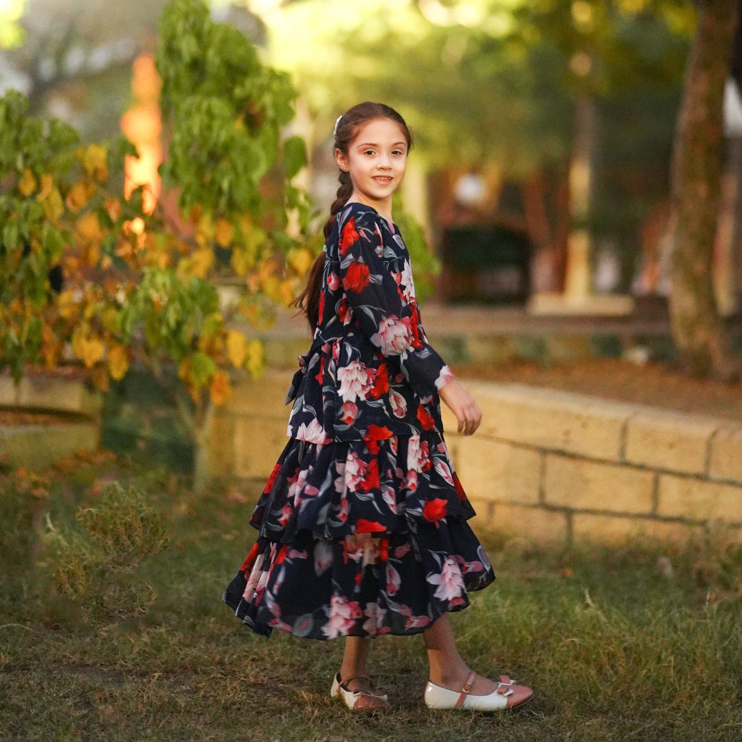 Figo - Dark Navy Multi Red Floral Frill Maxi/Long Frock