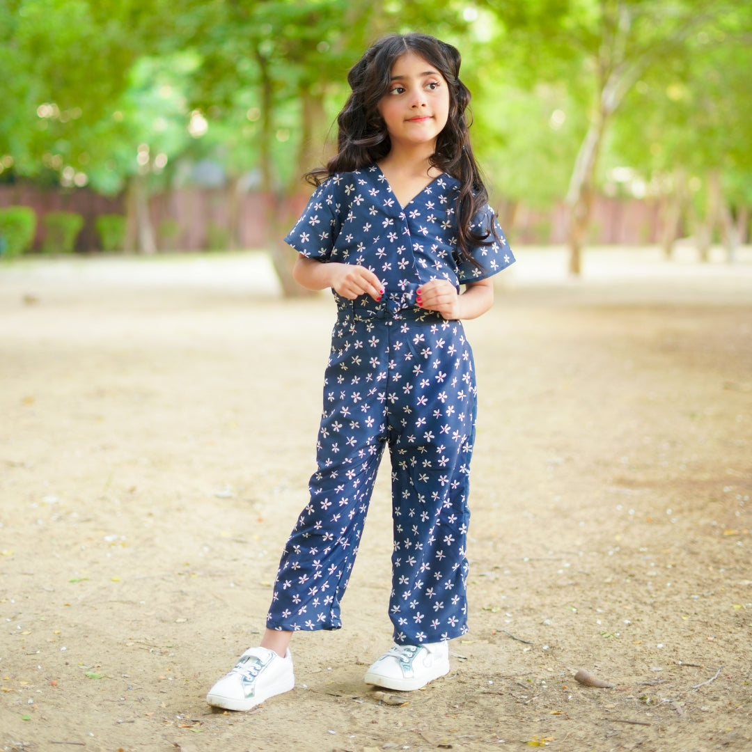 Figo - Navy V-Neck Exquisite Jumpsuit (Swiss Fabric)