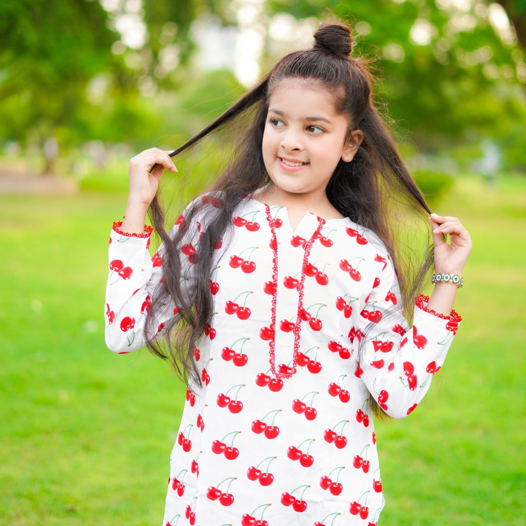 Figo - White Cherry Print Co-Ord Set (Viscose)