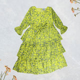 Figo - Lime Yellow Floral Frill Maxi/Long Frock