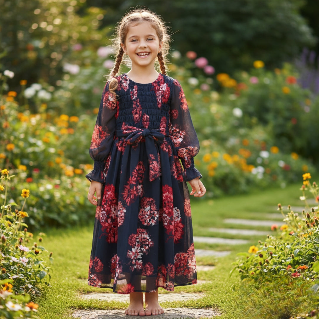Figo - Dark Navy Red Floral Smokey Maxi
