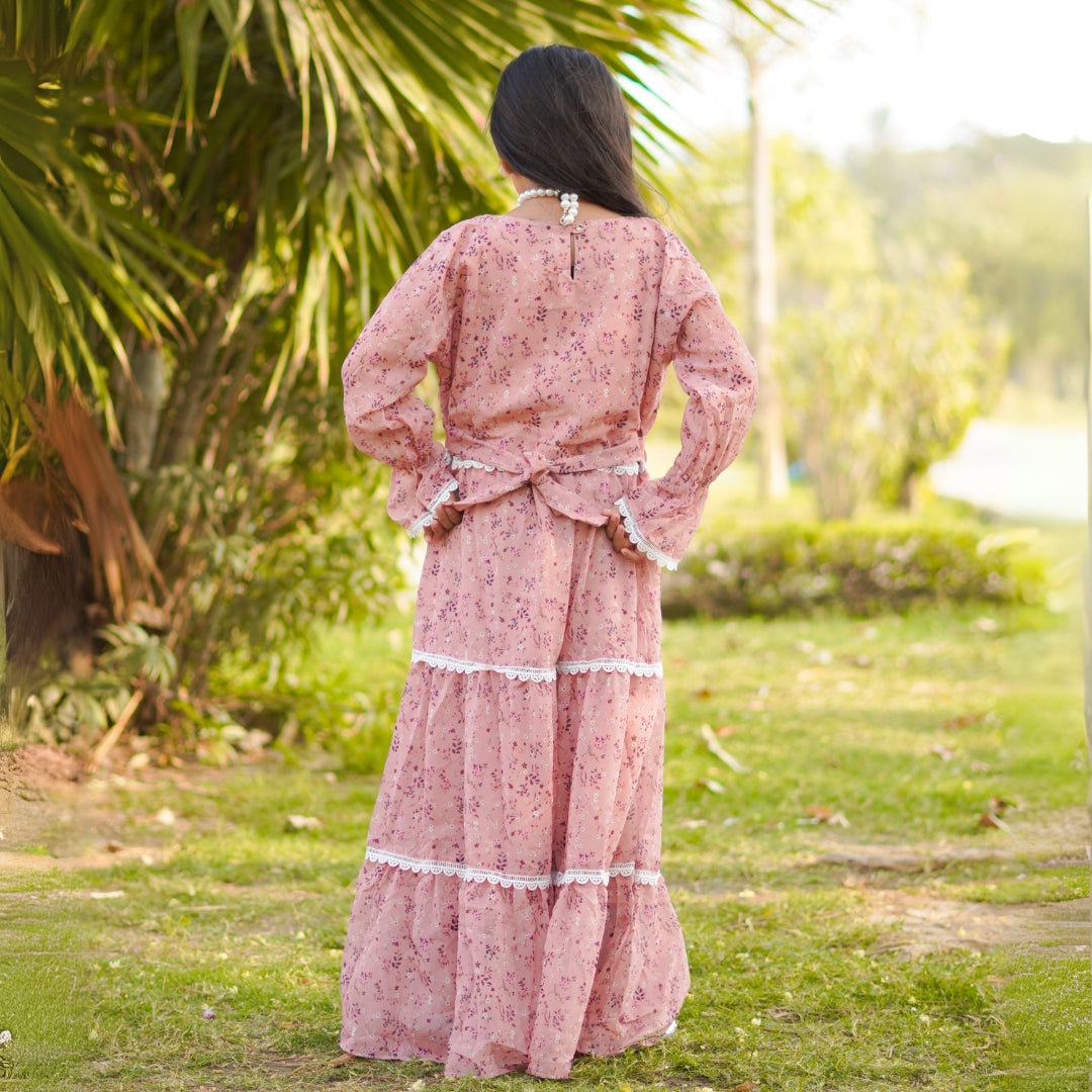 Figo - Dusty Rose Laced Frill Maxi/Long Frock