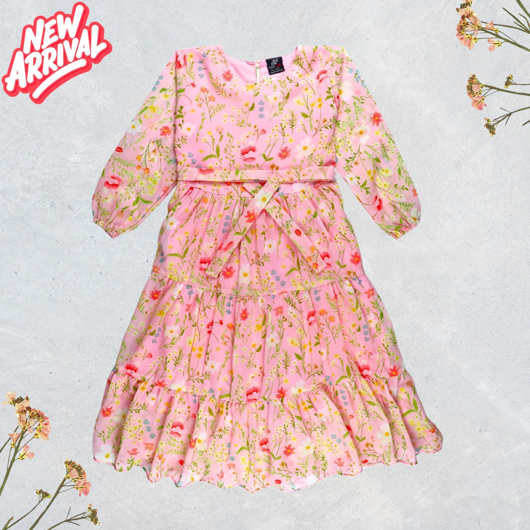 Figo - Pink Elegant Floral Three Layered Single Frill Maxi/Long Frock