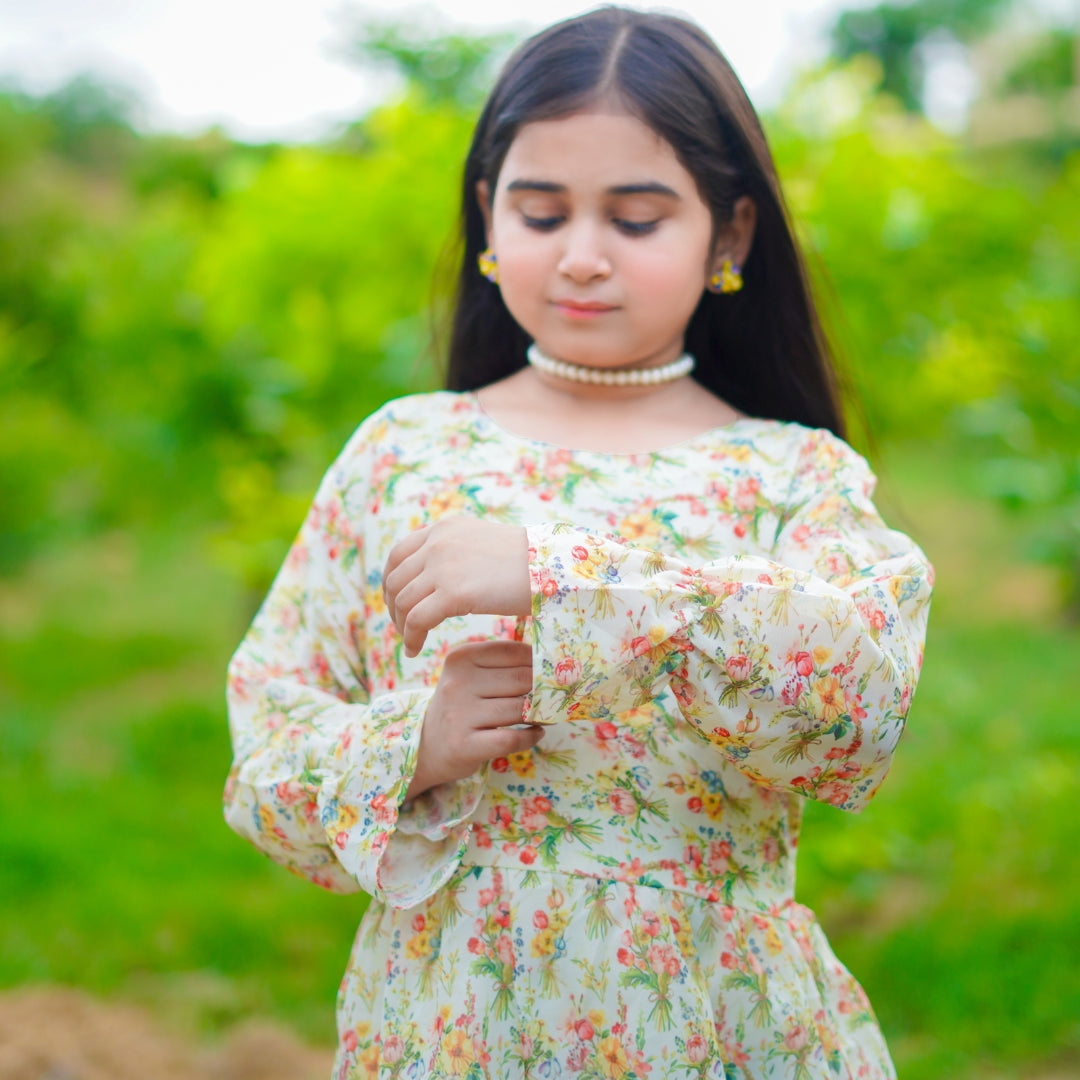 Figo - Cream Festive Floral Frill Maxi/Long Frock