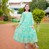 Figo - Pastel Green Floral Three Layered Single Frill Maxi/Long Frock