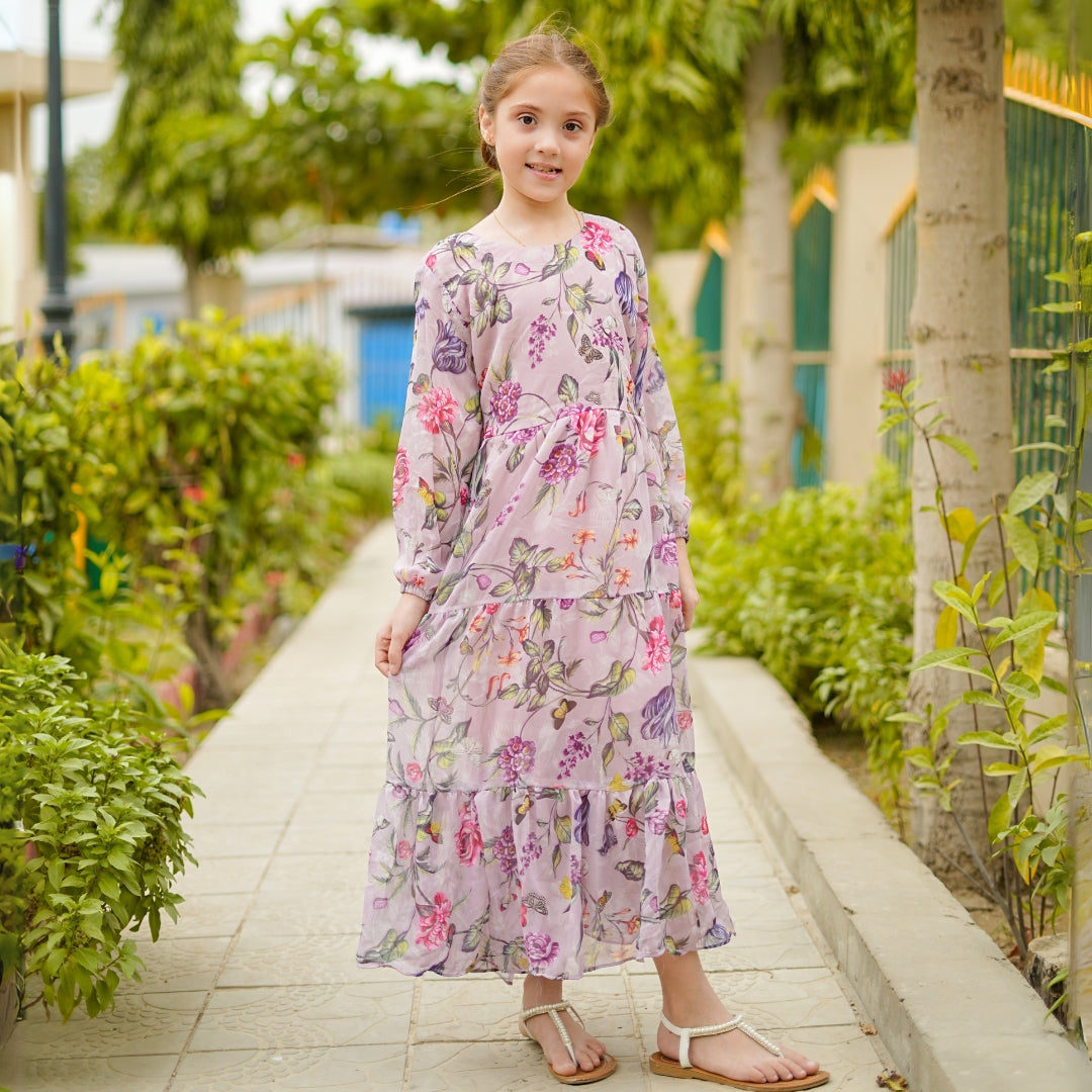 Figo - Lilac Floral Three Layered Single Frill Maxi/Long Frock