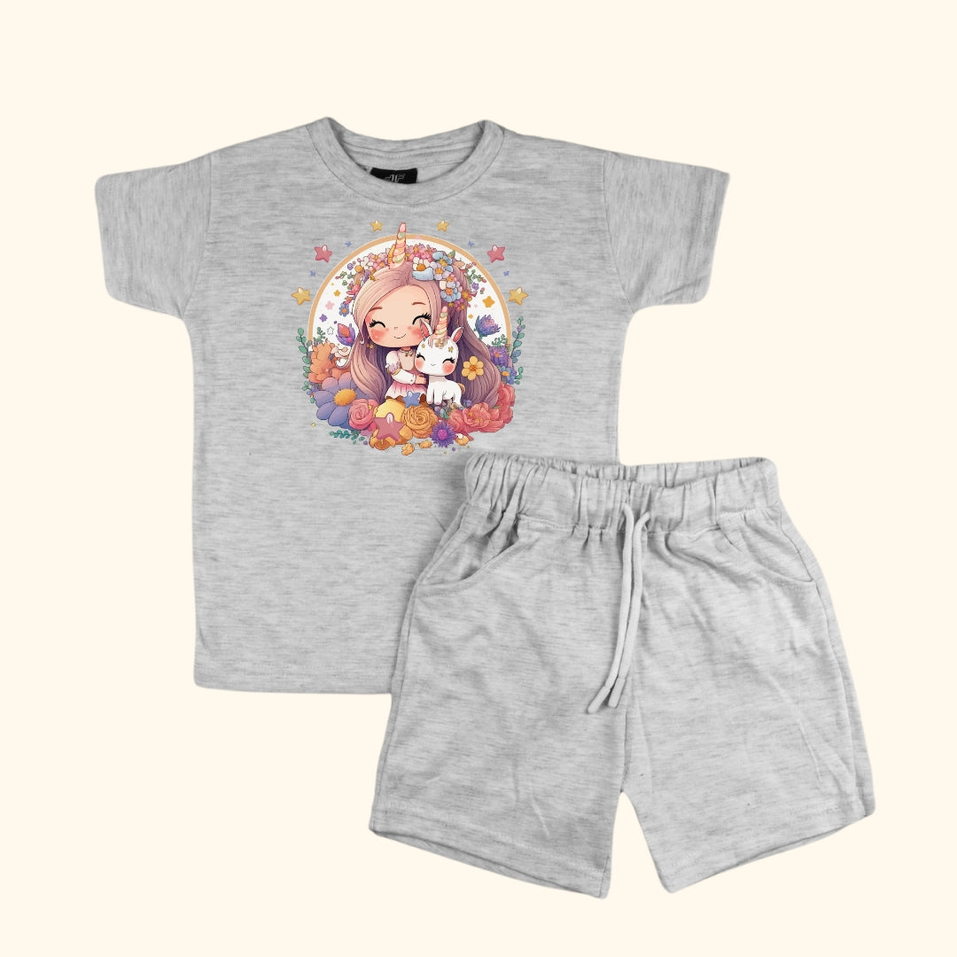 Figo -  Heather Grey Girl Unicorn T-Shirt/Short Set