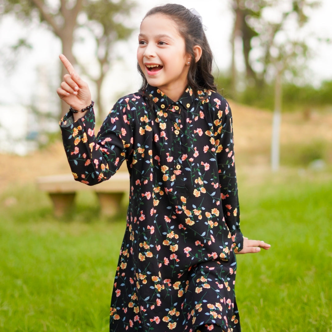 Figo - Black Floral Print Collar Co-Ord Set (Viscose)