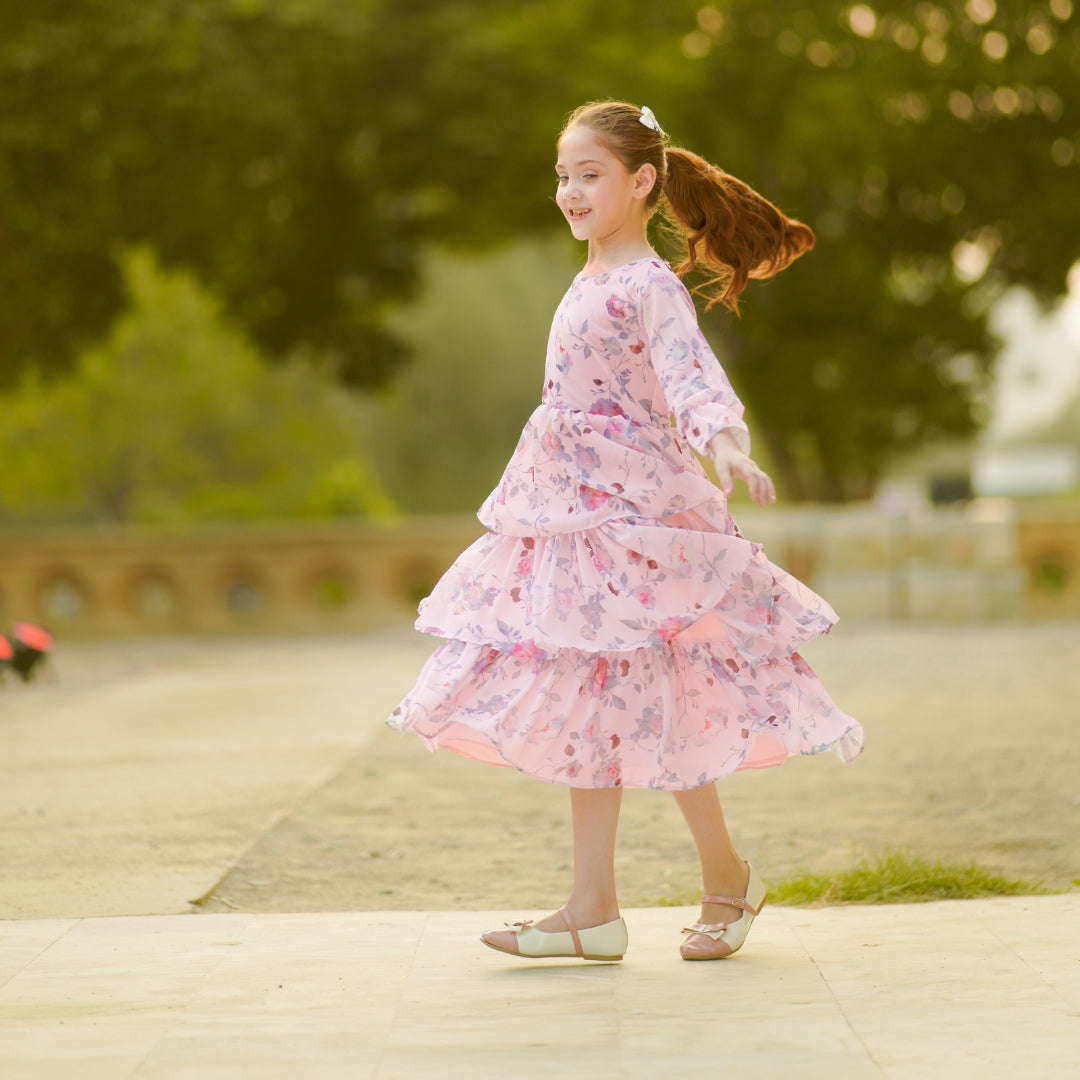 Figo - Tea Pink Floral Frill Maxi/Long Frock