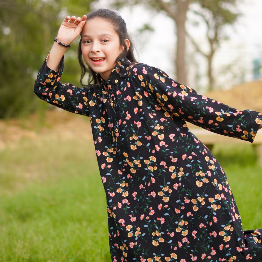 Figo - Black Floral Print Collar Co-Ord Set (Viscose)