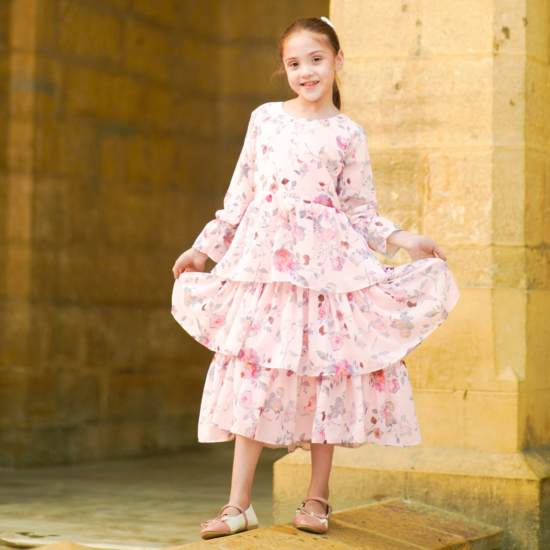 Figo - Tea Pink Floral Frill Maxi/Long Frock